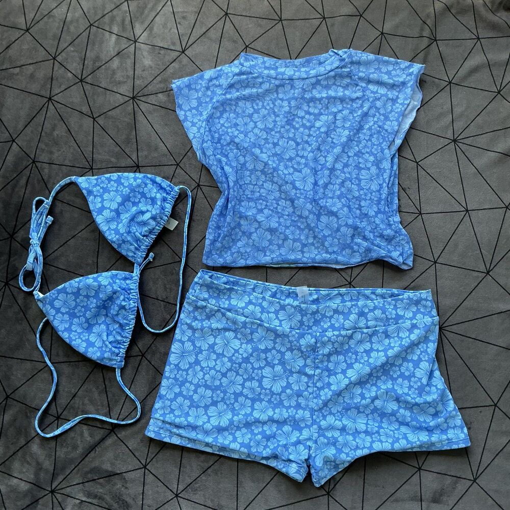 Blue Hibiscus 3 Piece Swim Set L Bikini Top Boy Shorts Rash Guard Y2K Surf